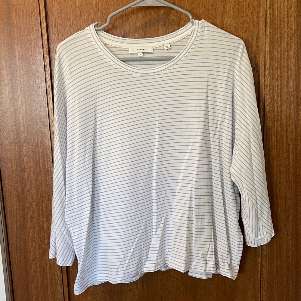 Vince 3/4 Sleeve Length T-Shirt, Size Large, White with Blue Stripes